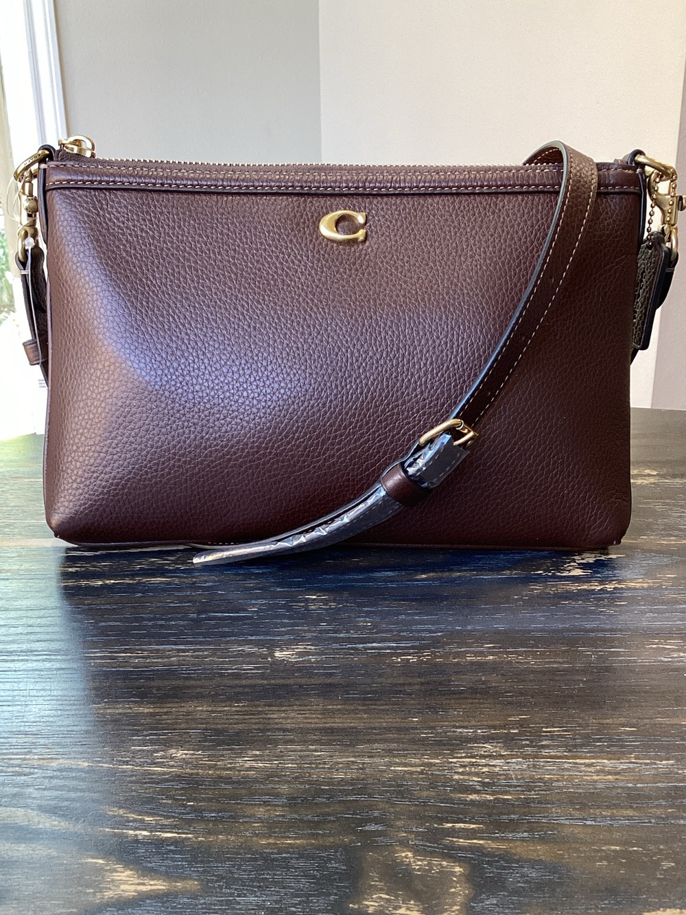 Coach Chocolate Brown Refined Pebbled Leather Top Zip Crossbody